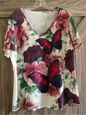 Floral & Butterfly Print Short Sleeve Top - Pink